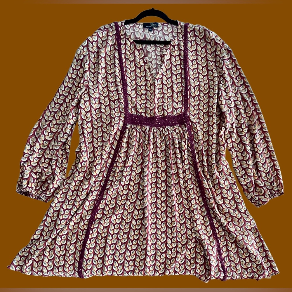Patterned Boho Retro-Inspired Long-Sleeve Dress, Suzanne Betro, Plus Size 2X
